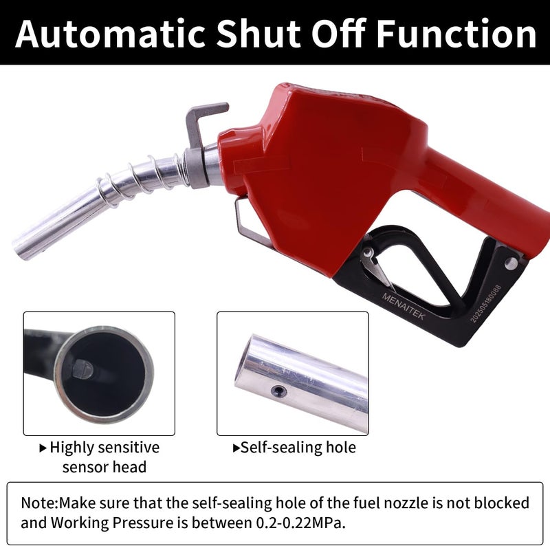 MENAITEK 3/4" Red NPT Fuel Transfer Nozzle Kit - Auto Shut Off Fuel Nozzle W/Fuel Hose Swivel, 16 GPM High Flow, 360° Swivel, 13/16 in Spout w/ 3-Gear Padlock (Diesel, Gasoline, Kerosene) - Image 3